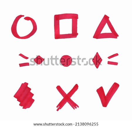 Hand-drawn marker symbols. Red marker. Set of vector elements. Symbols drawn with red marker. Check mark, heart, circle, triangle, square by marker.