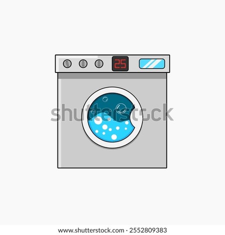 Illustration of a modern washing machine with a front-loading design. The door displays water and soap bubbles inside, with a digital timer reading 