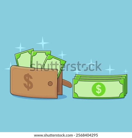 Illustration of a brown wallet filled with dollar bills next to a stack of cash on a light blue background. Sparkling effects emphasize wealth, money, and financial success.