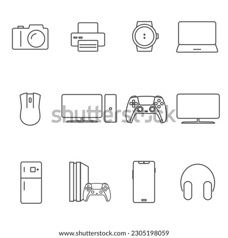 
Electronic icons set on white background. Hardware sign symbol. Concept object digital computing, kitchen, entertainment, lifestyle. Line, outline and linear thin icon. Vector Illustration.