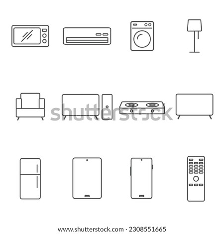 
Electronic icons set on white background. Hardware sign symbol. Concept object computing, kitchen, entertainment, living room, lifestyle. Line, outline and linear thin icon. Vector Illustration.