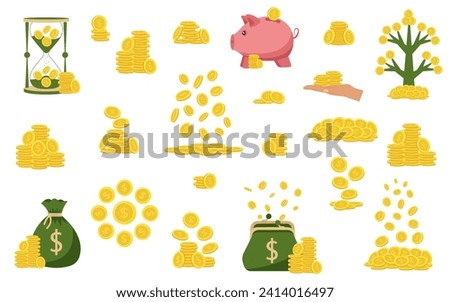Dollar coins. Stack of gold coins. Golden coin pile, money stacks and golds piles. Falling coins, falling money, flying gold coins.