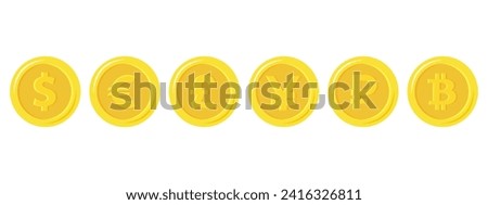 Golden coins with currencies symbols. Set of stylized golden coin with currency symbols: dollar, euro, pound, ruble, yuan and bitcoin signs.