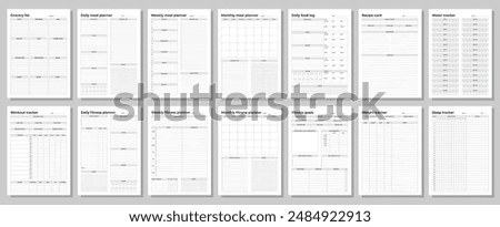 Fitness and meal planners set. Daily, weekly, monthly, workout tracker, fitness goals, weight tracker, daily food log, grocery list, recipe card.