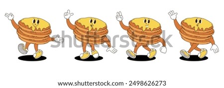 Retro groovy pancakes characters set. 