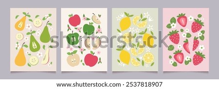 Fruit, berries and flower posters set. Summer backgrounds with pear, apple, lemon, strawberry in minimalist design. Flat vector illustration.
