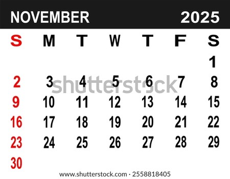 Calendar for November 2025. the week begins on Monday. flat design. removable calender for the month. vector ilustration. 