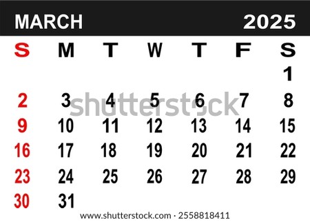 Calendar for March 2025. the week begins on Monday. flat design. removable calender for the month. vector ilustration. 