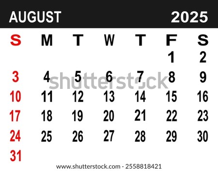 Calendar for August 2025. the week begins on Monday. flat design. removable calender for the month. vector ilustration. 