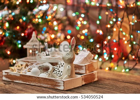 Festive White Christmas Ornaments On Christmas Lighting Background