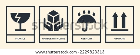 Fragile. Handle with care. Keep away from water. This side up. Packaging symbols. Vector icon set.