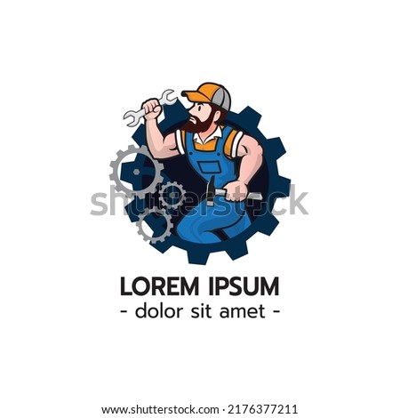 Mechanic Man Logo, Handyman for Service, Repairman or Maintenance Mascot Concept Cartoon Character Design Isolated on White Background Vector Illustration