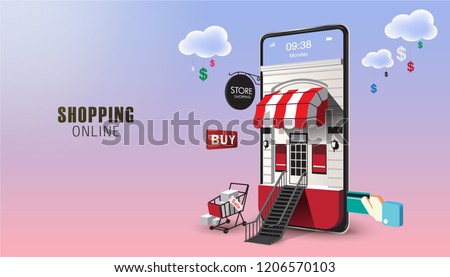 Shopping Online on Website or Mobile Application Vector Concept Marketing and Digital marketing. Horizontal view. VECTOR version2