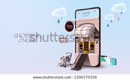 Shopping Online on Website or Mobile Application Vector Concept Marketing and Digital marketing. Horizontal view. VECTOR version3