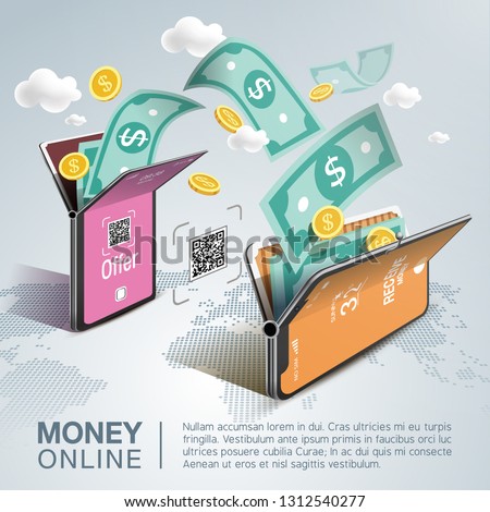 Money online on mobile phone, vector design. Capital flow, earning or making money. Financial savings
