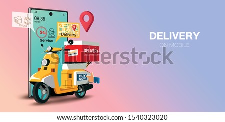 Fast delivery by scooter on mobile. E-commerce concept. Online food order infographic. Webpage, app design. Pink and Blue background. Perspective vector