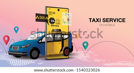 Taxi online vector illustration car ride map on smartphone application. Taxi service design of yellow car and location or navigation city map for mobile internet app - Vector