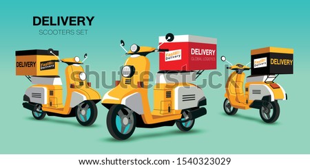 Scooters set. Old style motorbike, city motorcycle, trendy electric bike, delivery moped. Personal transport vehicle collection isolated vector illustration