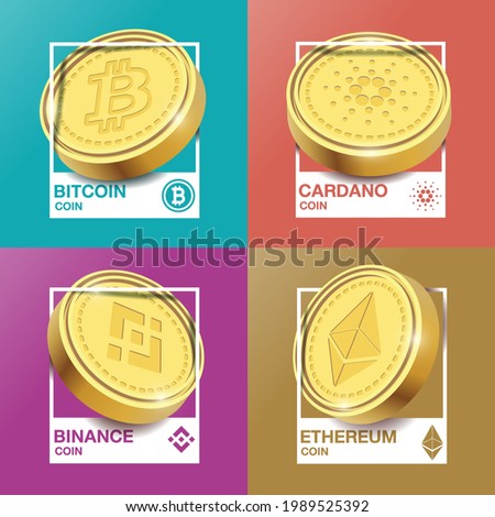 Cripto currency logo coins. Monero, Ethereum, Bitcoin, Binance, Cardano. Vector