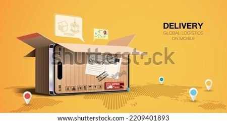 Mobile delivery service, package delivery is all over the place, Smartphone mobile screen, technology mobile display. Vector illustration