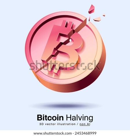 Bitcoin halving. Cracked bitcoin. Block rewards is reduced in 2 times. Illustration 3d vector