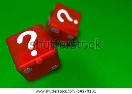 Two red casino dice landing question mark sided up on green cloth suggesting mystery with shallow depth of field and copy space