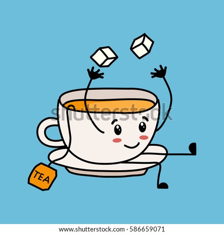 Funny cartoon tea cup throws up two sugars of sitting on a saucer and waving legs. Cartoon style vector illustration on blue background.
