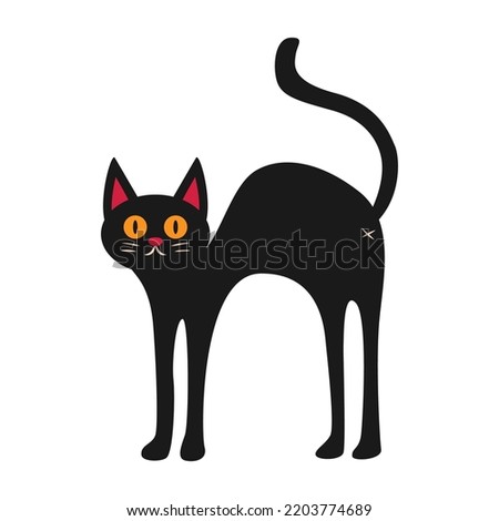 Surprised black cat with raised tail. vector illustration