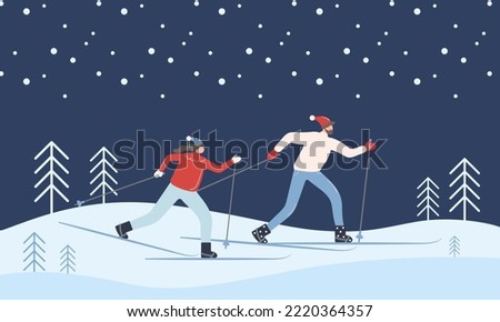 A man and a woman go cross-country skiing in the woods. vector illustration