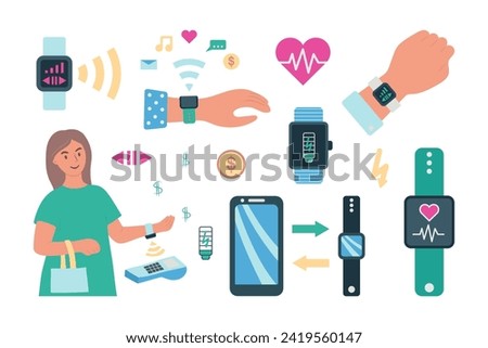 smart watch set. Manage apps with your smartwatch. wearable computing technology. vector illustration