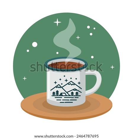 Tourist mug with a picture of mountains and hot tea. Vector illustration for logo, icon, print. Theme of tourism, travel, hiking. Isolated vector illustration