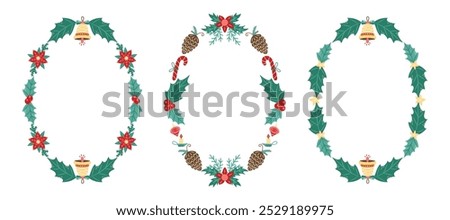 Oval Christmas frames collection with Poinsettia and Bell. Winter frame with empty space for text. Christmas and New Year. Isolated vector illustration.