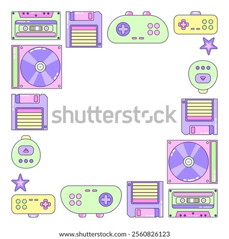 Square Frame Video Game and Music. Multicolored elements on white background. Retro illustration with outline in 90s style. Isolated vector illustration.