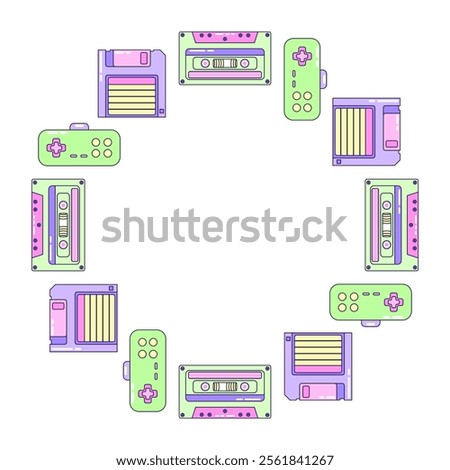 Round Frame Video Game and Music. Multicolored elements on white background. Retro illustration with outline in 90s style. Isolated vector illustration.