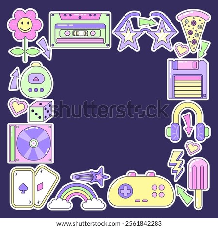 Square frame made of 90s style elements. Multicolored elements on dark background. Retro illustration with outline in 90s style. Isolated vector illustration.