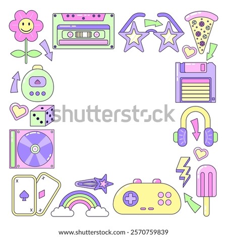 Square frame made of 90s style elements. Multicolored elements on white background. Retro illustration with outline in 90s style. Isolated vector illustration.