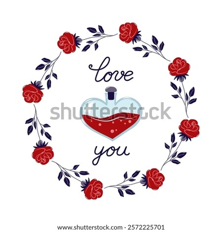 Happy Valentine's Day round frame with red roses and Heart shaped flask. Simple cute greeting card. Isolated vector illustration.