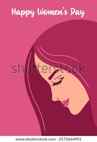 Happy Women's Day greeting card with beautiful woman. Face in profile close-up. Pink shades. Vector illustration.