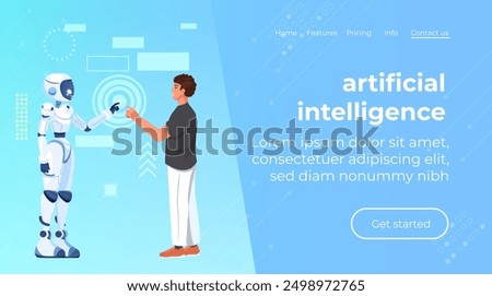 Android helps a human. Contract with ai robot, technology professional partnership. Businessman and artificial intelligence cooperate. Future technology Advance, innovation. Web banner, landing page