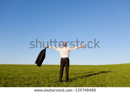 Full length rear view of businessman with arms outstretched standing on grassy field against clear sky