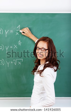 Portrait of woman writing the solution on the green board