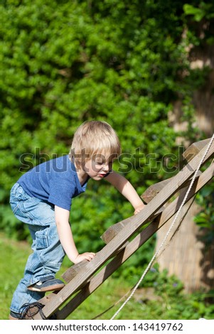 Cute boy climbing wooden ladder in playground