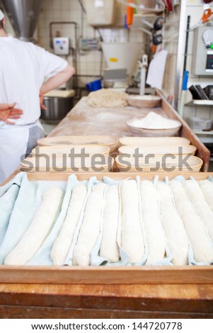 Bakery worker with baguette dough in the bakery