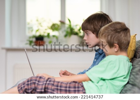 Two young boys, or brothers, sitting on a sofa playing on a laptop computer , side view in front of a window