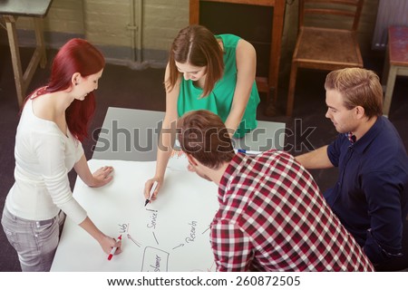 Young business team brainstorming a new project standing around a table working together on a graph, high angle view