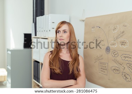 Attractive businesswoman standing alongside a graph mounted on a wall staring off into space with a thoughtful expression as she tries to solve a problem