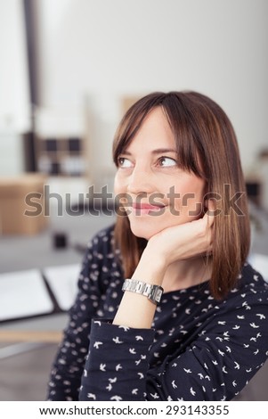Close up Thoughtful Office Woman at her Worktable Leaning on her Hand and Looking Up While Thinking Something Good