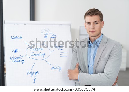Confident Good Looking Businessman Presenting his Conceptual Business Diagram on a White Poster and Looking at the Camera.