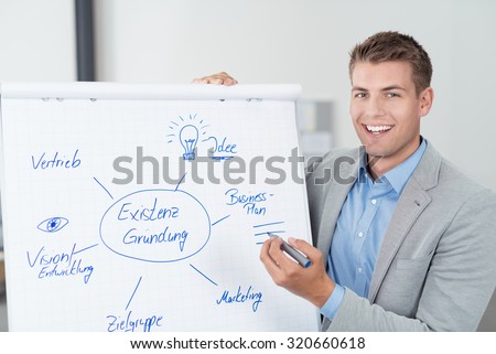 Happy Good Looking Young Businessman Showing a Conceptual Diagram on White Poster and Smiling at the Camera.