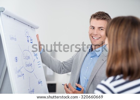 Two Happy Young Businesspeople Discussing a Conceptual Business Diagram on a White Poster Inside the Office.